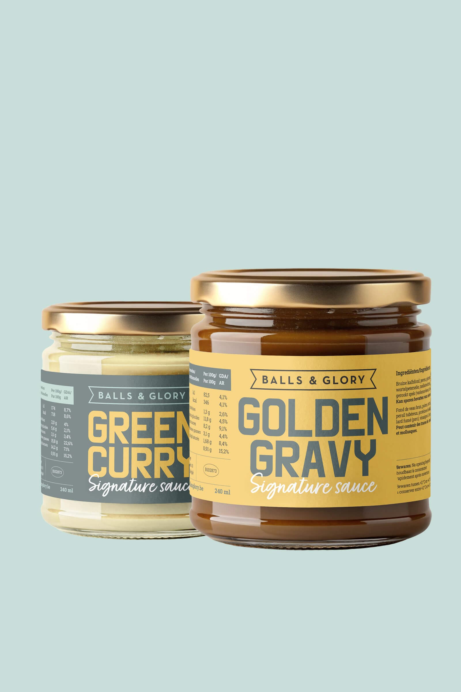 Labels voor de sauzen van Balls & Glory