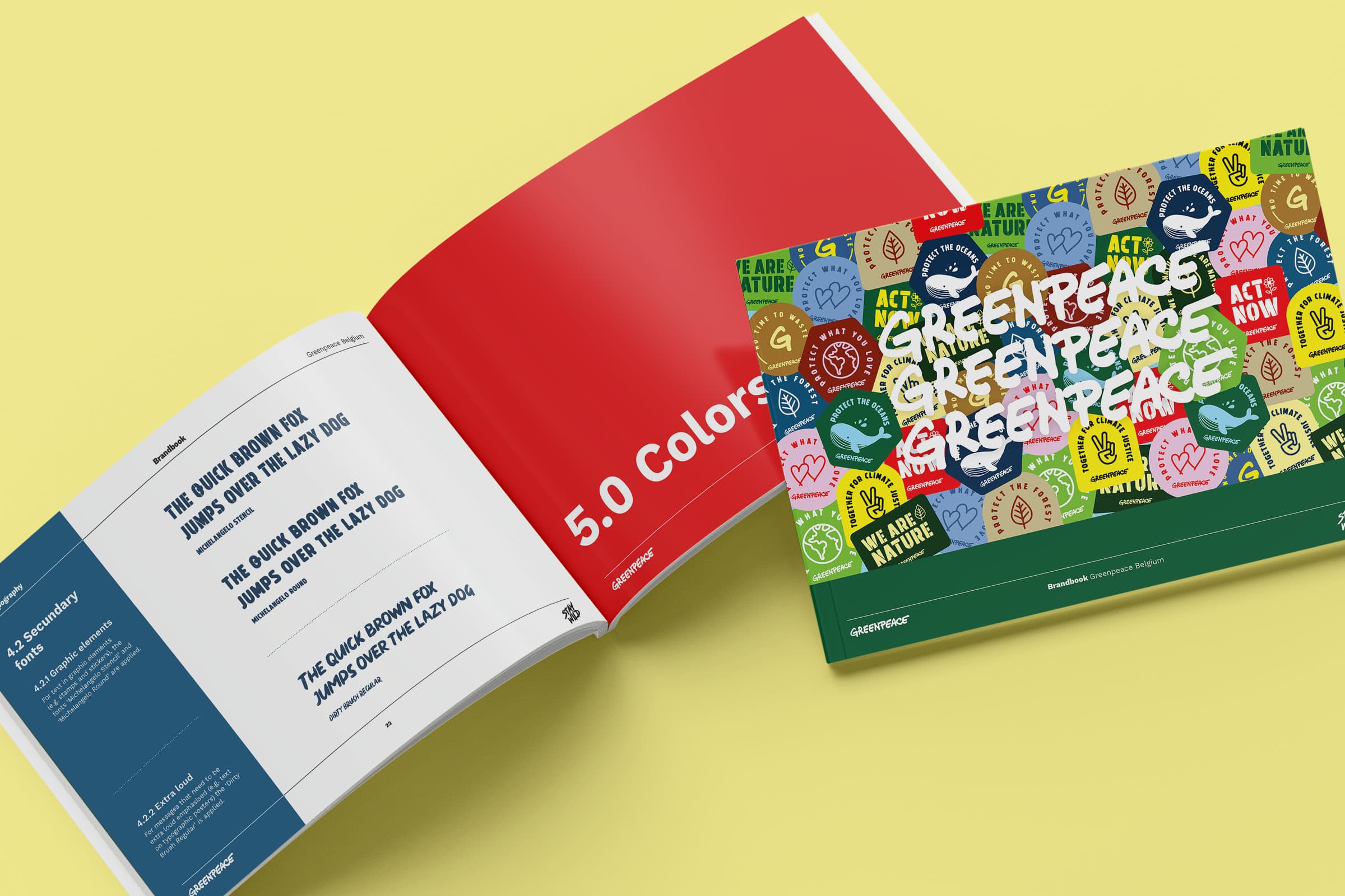 Cover en inhoud van de stijlgids voor Greenpeace